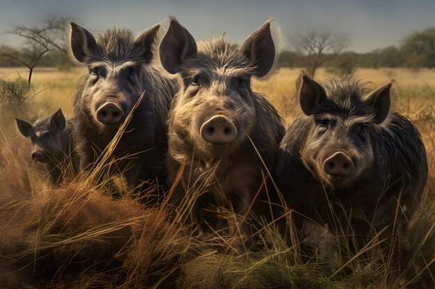 Photo l'équipe de cochons sur les prairies