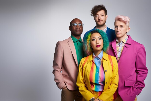 Photo Équipe colorée un groupe d'employés de bureau diversifiés par l'ethnie et la couleur de la peau vestes arc-en-ciel