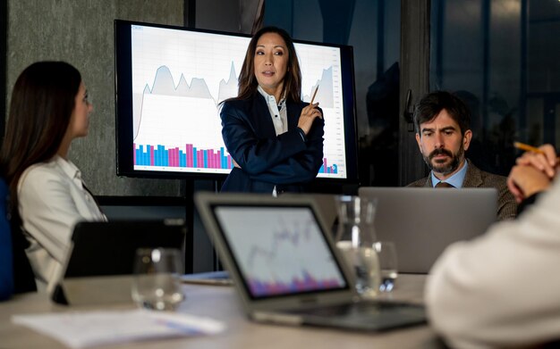 Photo Équipe commerciale multiraciale travaillant ensemble une patronne japonaise mature expliquant la stratégie et partageant le concept d'entreprise de négociation et d'actifs boursiers