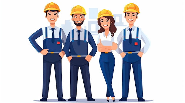 Équipe de constructeurs dans le style plat Caractères d'ouvriers industriels dans une illustration vectorielle uniforme