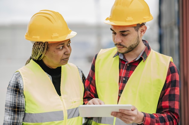 Une équipe de construction multiculturelle analyse les données de la tablette sur le chantier