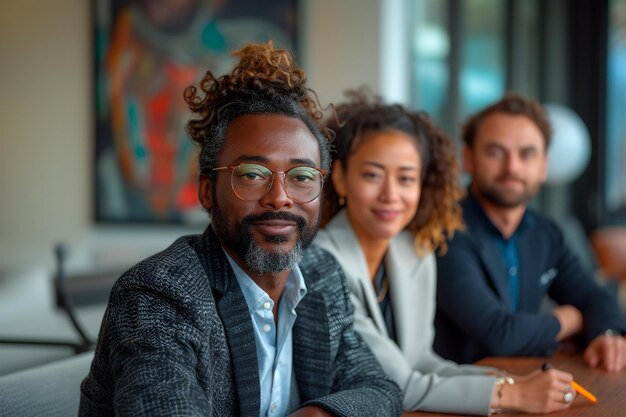 Une équipe diversifiée de professionnels collaborant à un projet dans un espace de travail de bureau moderne avec synergie