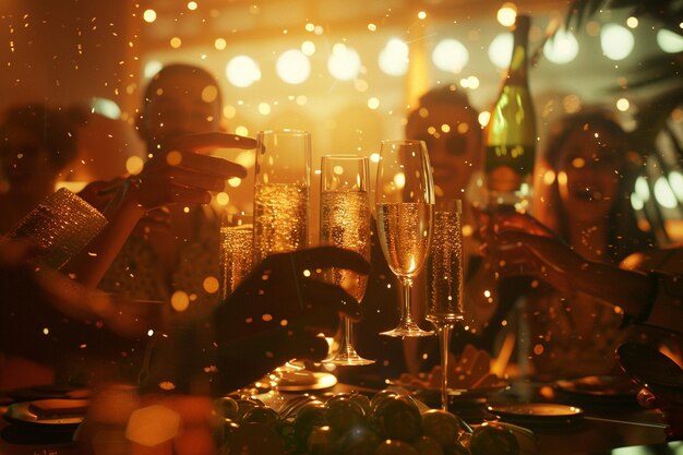 Photo l'équipe fête avec du champagne.