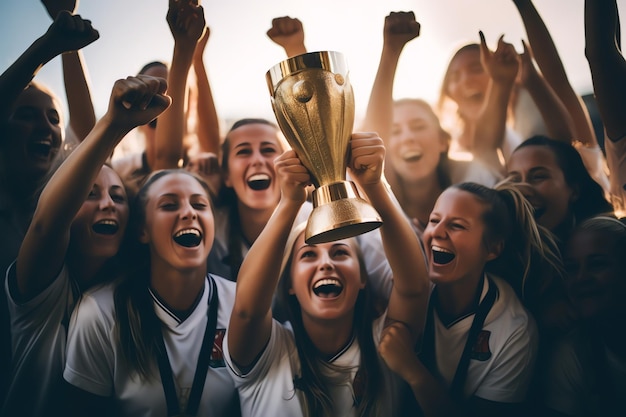 équipe de football féminine tenant un trophée femme jouant au football