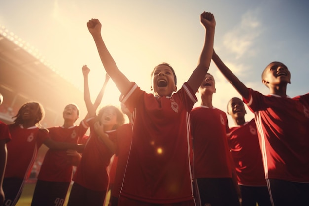 Une équipe de football jeune et énergique fête un but.