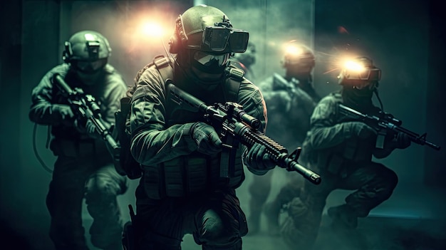 Une équipe de forces spéciales militaires s'infiltre dans une installation de haute sécurité en utilisant des lunettes de vision nocturne et des armes à feu supprimées.