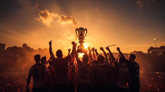 L'équipe gagnante avec la coupe du trophée d'or contre le soleil brillant dans le ciel