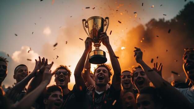 L'équipe gagnante avec la coupe du trophée d'or contre le soleil brillant dans le ciel