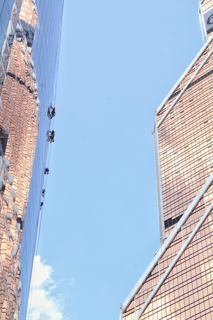 Photo Équipe de grimpeurs professionnels nettoyant les fenêtres extérieures d'un gratte-ciel résidentiel