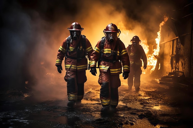 Une équipe héroïque de pompiers professionnels sur le fond d'un mur de feu Illustration générative d'IA