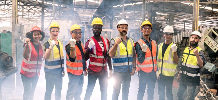 Équipe d'ingénierie avec technicien et travailleur opérant. Photo de groupe en usine, concept de travail d'équipe.
