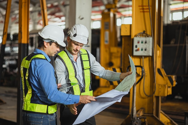 Photo Équipe d'ingénieurs intelligents, jeunes travailleurs qualifiés, superviseurs consultants travaillant ensemble avec le plan d'étage de la conception dans l'atelier du dépôt de locomotive.