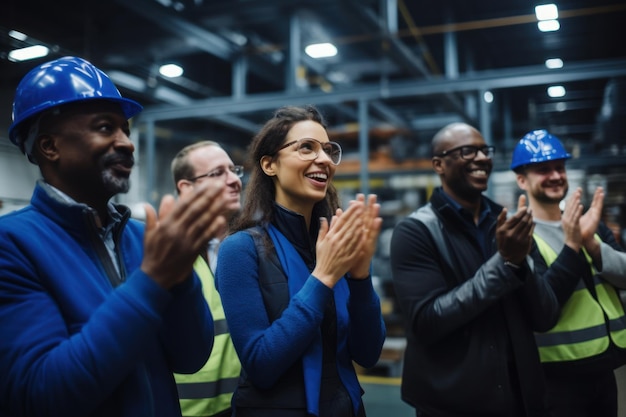 Une équipe d'ingénieurs multiethnique applaudissant et applaudissant dans une usine