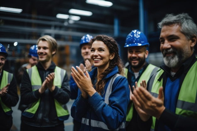 Une équipe d'ingénieurs multiethnique applaudissant et applaudissant dans une usine