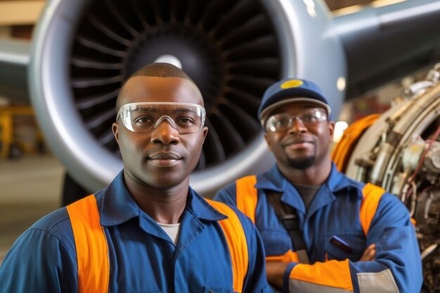 Photo une équipe d'ingénieurs travaillant dans un bâtiment d'entretien, un ingénieur aéronautique dans un aéroport, généré par l'intelligence artificielle.