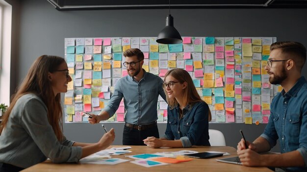 Photo une équipe de jeunes experts en marketing créatifs en train de faire un brainstorming avec des autocollants sur le mur