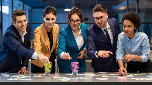 Photo Équipe de jeunes multiculturels pointant sur le verre avec des notes de papier colorés groupe diversifié de mal