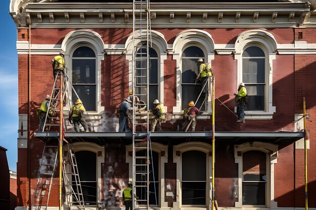 Photo une équipe de maçonnerie restaure une façade historique en briques.