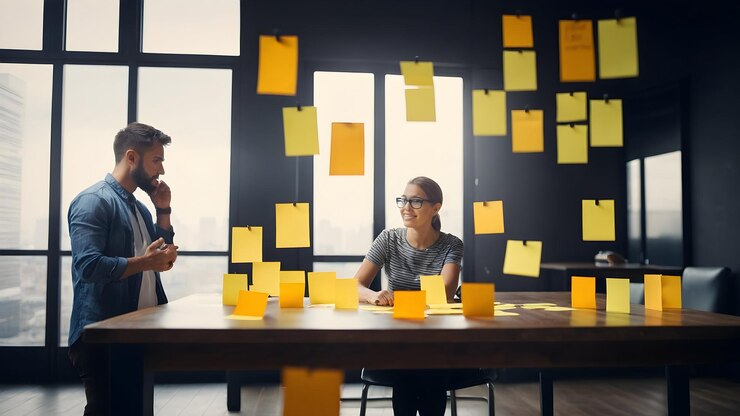 Photo équipe de marketing générant des idées avec des notes collantes photo réelle avec pour le thème de brainstorming créatif