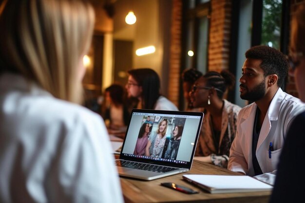 Photo Équipe de médecins multiculturels en conférence dans un chat vidéo discutant de l'apprentissage des soins de santé en ligne