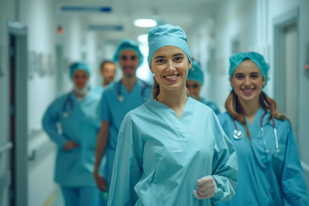 Une équipe médicale joyeuse pose dans le couloir de l'hôpital