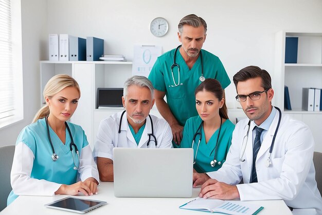 Photo une équipe médicale sérieuse utilisant un ordinateur portable dans un bureau lumineux