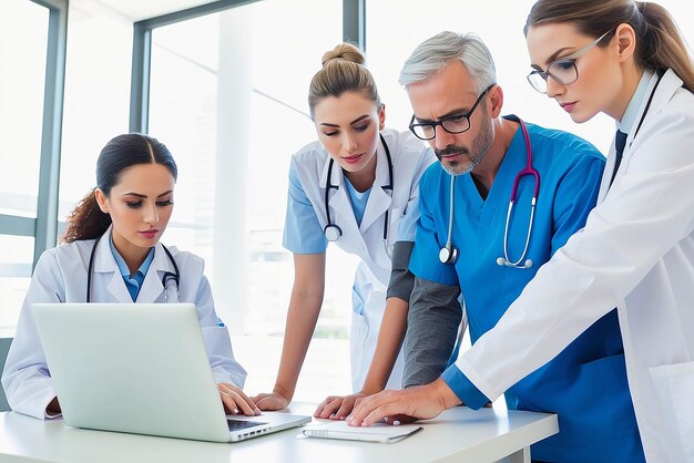 Photo une équipe médicale sérieuse utilisant un ordinateur portable dans un bureau lumineux