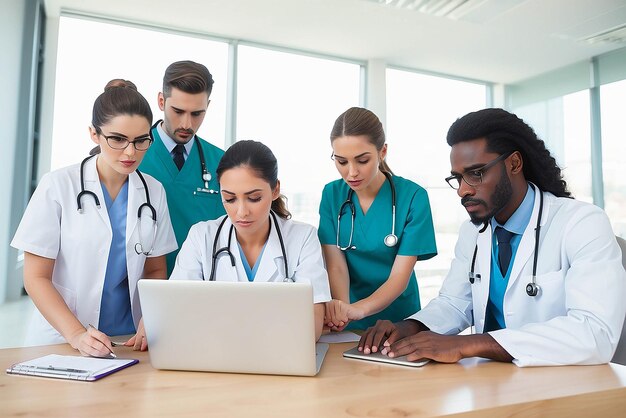 Photo une équipe médicale sérieuse utilisant un ordinateur portable dans un bureau lumineux