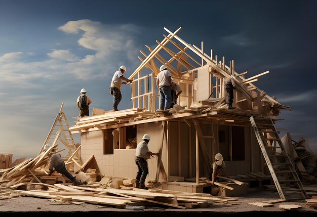 Photo une équipe d'ouvriers de la construction construit une maison en bois.