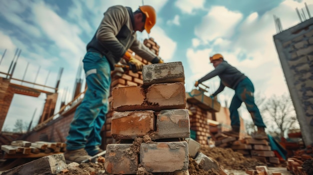 Une équipe d'ouvriers de la construction pose des briques pour une cheminée