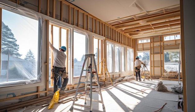 Une équipe d'ouvriers installe des fenêtres et des portes dans une nouvelle maison.