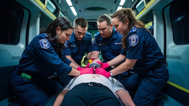 L'équipe de paramédics de l'ambulance fournit une aide médicale au patient blessé sur le chemin des soins d'urgence à l'hôpital.