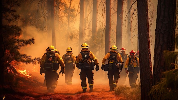 Équipe de pompiers courageux tout en éteignant un incendie de forêt