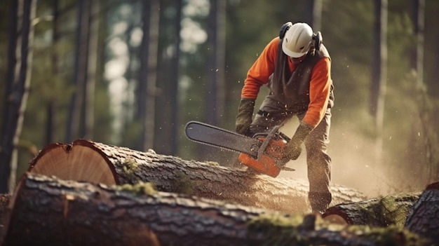 Photo Équipe de processus de coupe d'arbres de bûcheron bûcheron qualifié descendant un grand arbre à l'aide de cordes et d'un arboriste à la tronçonneuse et d'un chirurgien arboricole au travail ai générative