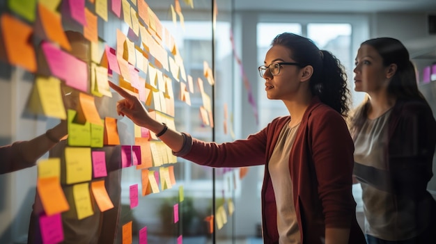 Une équipe professionnelle engagée dans une séance de brainstorming en utilisant des notes collantes colorées sur un mur de verre pour organiser leurs idées et leurs stratégies