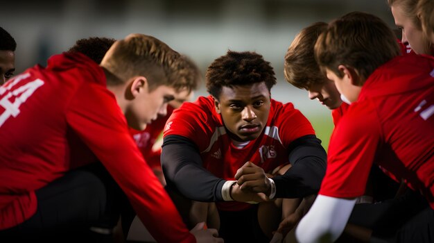 Photo l'équipe de rugby élabore une stratégie pendant la mi-temps sous les lumières du stade