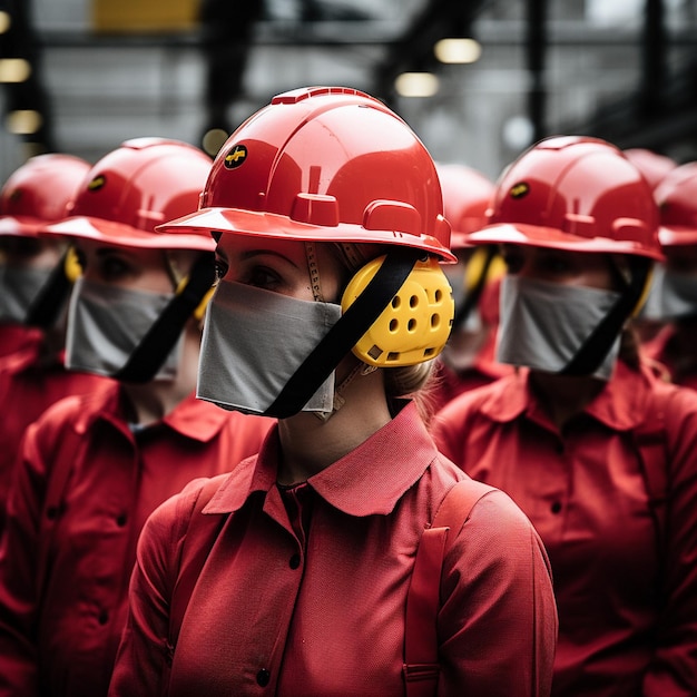 Photo Équipe de travailleurs dans une usine en uniformes rouges casques jaunes générés par l'ia