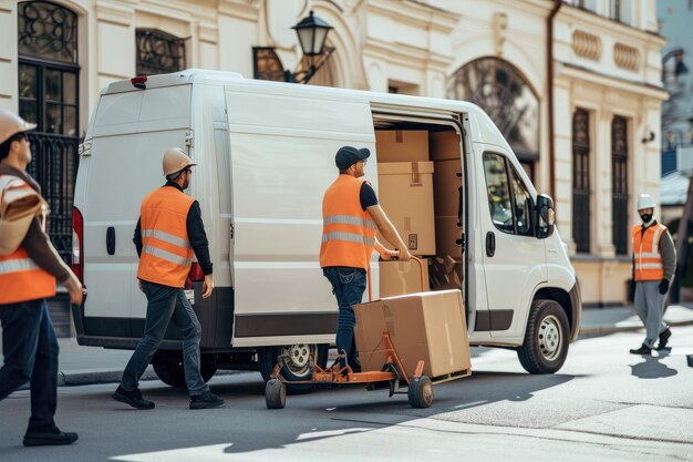 Une équipe de travailleurs utilise une camionnette de livraison chargée avec des boîtes en carton