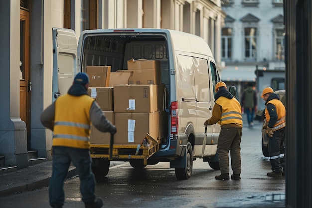 Une équipe de travailleurs utilise une camionnette de livraison chargée avec des boîtes en carton