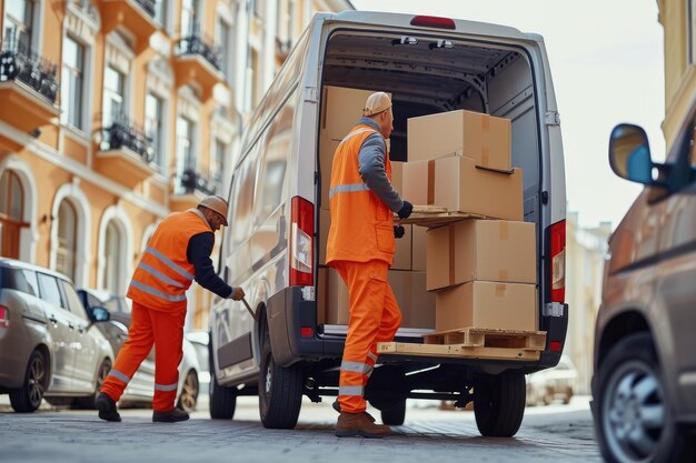 Une équipe de travailleurs utilise une camionnette de livraison chargée avec des boîtes en carton