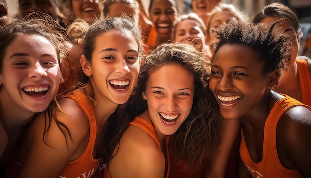 Une équipe en uniformes de basket-ball colorés prend un selfie