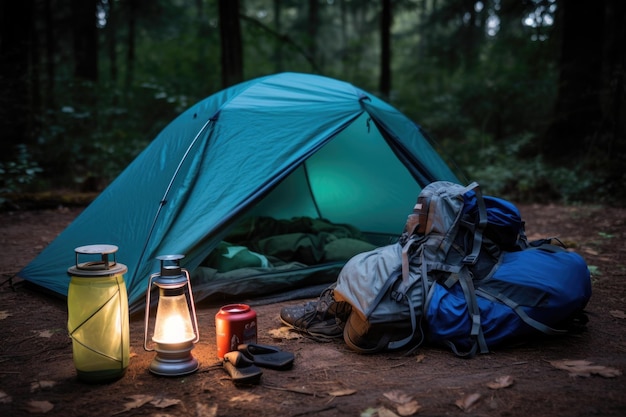 L'équipement de camping, y compris la tente et la lanterne, est prêt pour l'aventure créé avec l'IA générative.