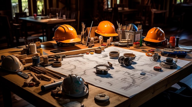 Photo Équipement de construction sur table en bois