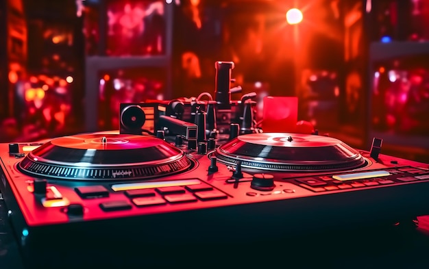 Photo Équipement dj dans une discothèque avec feux rouges en arrière-plan