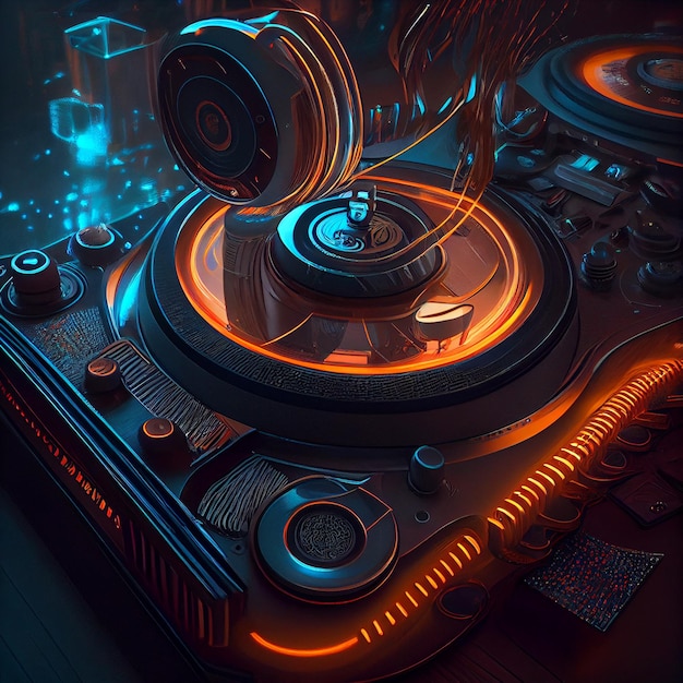 L'équipement d'un DJ avec des lumières orange et un fond noir.