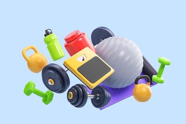 Photo l'équipement de fitness de dessin animé ball dumbbell balances kettlebell tapis de fitness protéique le concept d'un mode de vie sain faisant du sport rendu en 3d