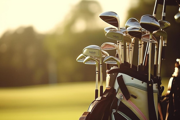 Photo Équipement de golf professionnel sur le parcours de golf au coucher du soleil