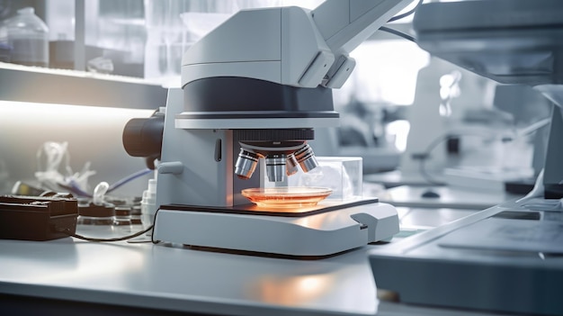Equipement de laboratoire biologique microscope tubes d'essai de gros plan Arrière-plan d'un laboratoire biologique ou chimique