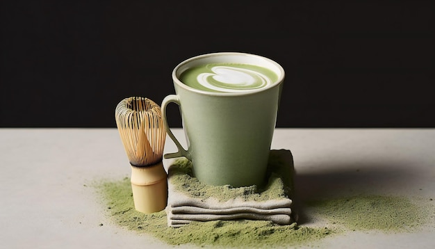 L'équipement de Matcha Latte avec de la poudre verte sur la table