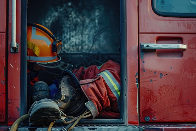 Photo Équipement de pompier dans la cabine ouverte du camion de pompiers